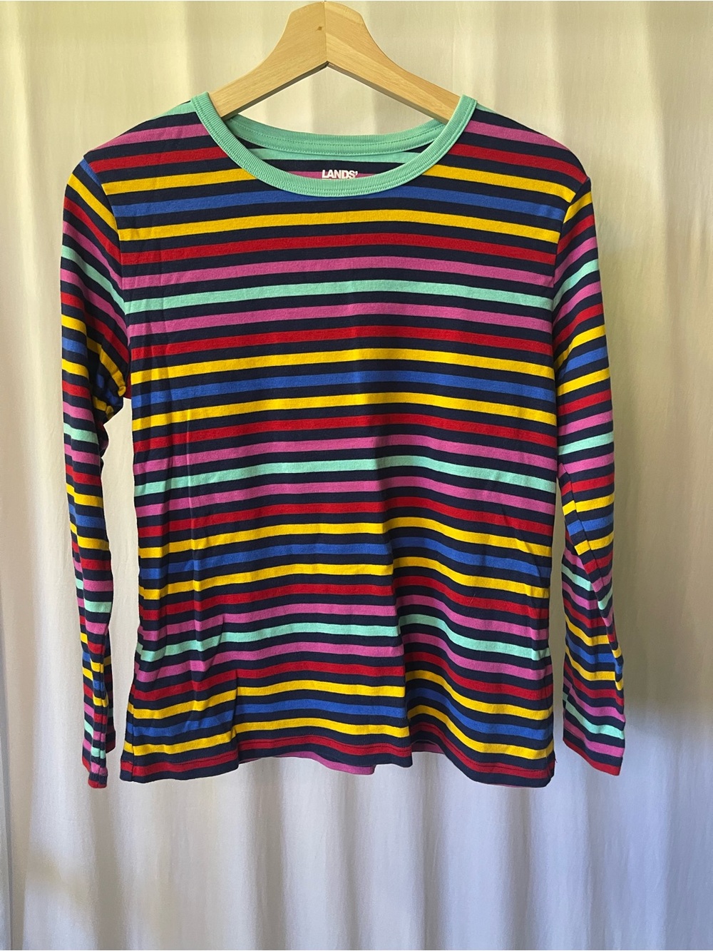 Lands' End Girls Rainbow Striped Long Sleeve Crewneck Tee Top Size Medium 10-12